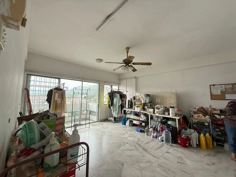Room features: white painted walls, marble flooring, 5-blade ceiling fan, large windows, sliding glass door, open shelving, multiple storage racks, various household items and supplies; view: garden.