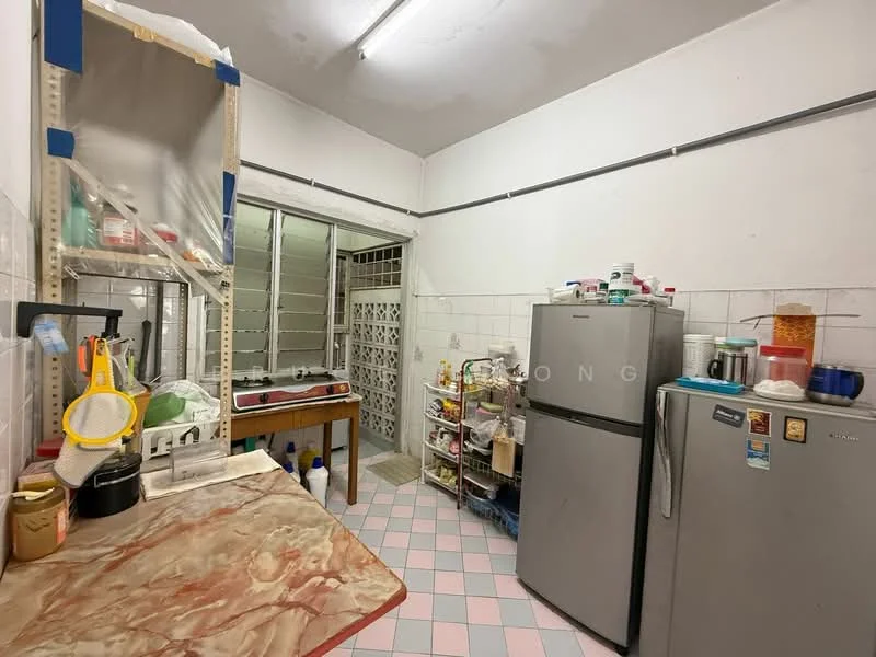 Kitchen features: marble countertop, stainless-steel fridge, built-in shelving, wall-mounted cabinets, tile backsplash, ceramic tile flooring, single-bowl sink, chrome faucet, kitchen appliances, open shelving, window with grille, light fixture on ceiling.