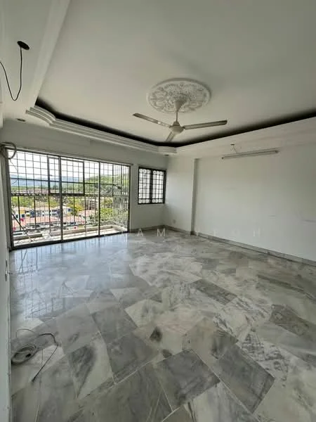 Living features: marble flooring, white painted walls, tray ceiling with decorative plaster, 5-blade ceiling fan, floor-to-ceiling windows, city view, window grills, natural light; style: modern; view: city.