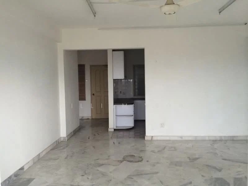 Room features: white painted walls, marble flooring, ceiling fan, doorway leading to kitchen, window, light fixtures, open layout, neutral color scheme; style: minimalist.