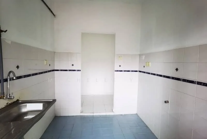 Kitchen features: stainless-steel sink, wall-mounted faucet, white tiled walls, blue tiled flooring, white ceiling, no visible appliances, no cabinetry, single window, doorway leading to another room.