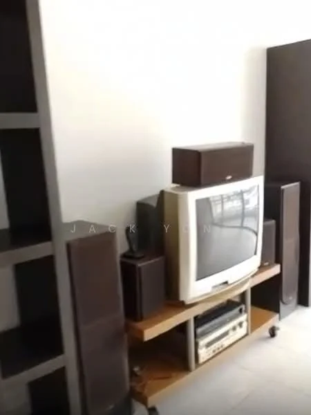 Living features: brown wooden shelving unit, CRT television, wooden TV console, surround sound speakers, light-colored tiled flooring, white painted walls, large windows, minimalist decor; style: modern.