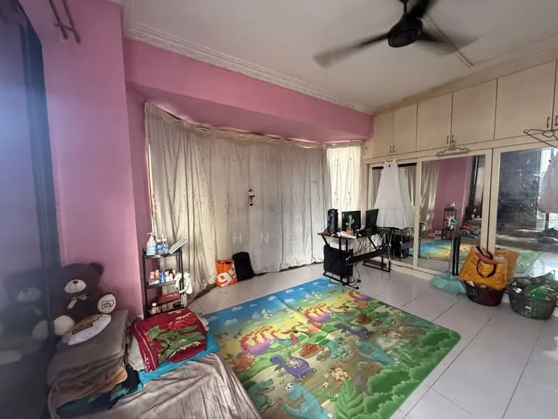 Bedroom features: pink painted walls, white ceiling, floor-to-ceiling windows with sheer curtains, sliding mirror wardrobe, tile flooring, ceiling fan, decorative area rug with animal print, study desk with computer setup, stuffed toys on bed, baskets for storage.