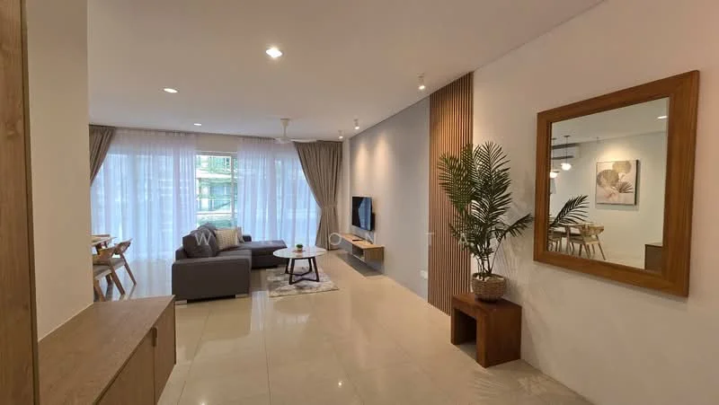 Living features: grey fabric sofa, 3-seater sofa, coffee table, wall-mounted TV, TV console, area rug, floor-to-ceiling windows, sheer curtains, recessed downlights, ceiling fan, decorative mirror, indoor plant, wooden side table, dining table with chairs visible in background; style: modern; view: garden.