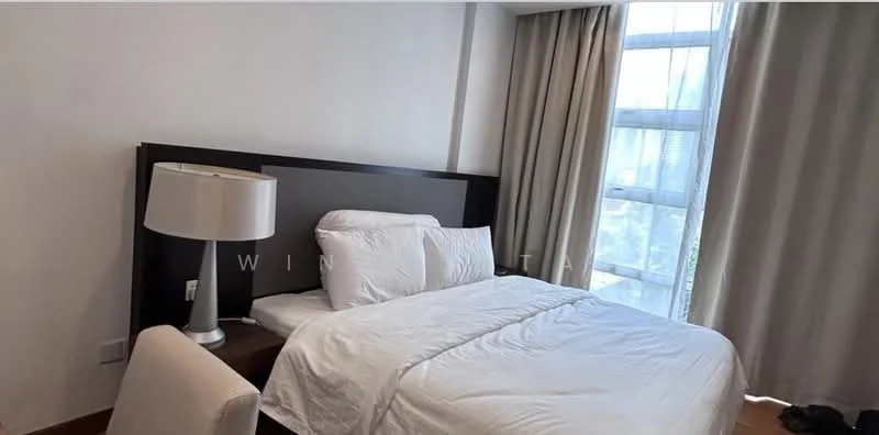 Bedroom features: queen-size bed with white bedding, upholstered headboard, nightstand with lamp, floor-to-ceiling window, sheer curtains, wooden flooring, decorative wall art, chair, built-in wardrobe; style: modern; view: city.