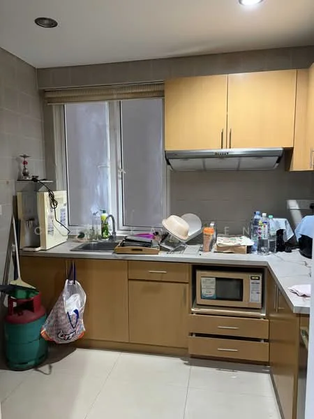 Kitchen features: light wood cabinetry, grey tiled backsplash, stainless-steel sink, chrome pull-down faucet, built-in microwave, freestanding range oven, countertop with grey surface, white ceramic tile flooring, window with blinds, kitchen appliances visible, cleaning supplies visible, multiple water bottles; style: modern.