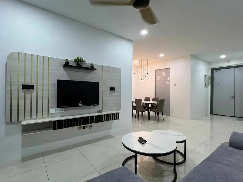 Living features: grey fabric sofa, 2 round coffee tables, wall-mounted TV, light wood feature wall with vertical slats, recessed lighting, ceiling fan, white painted walls, glossy tile flooring, dining area visible in background, decorative plant on shelf; style: modern.