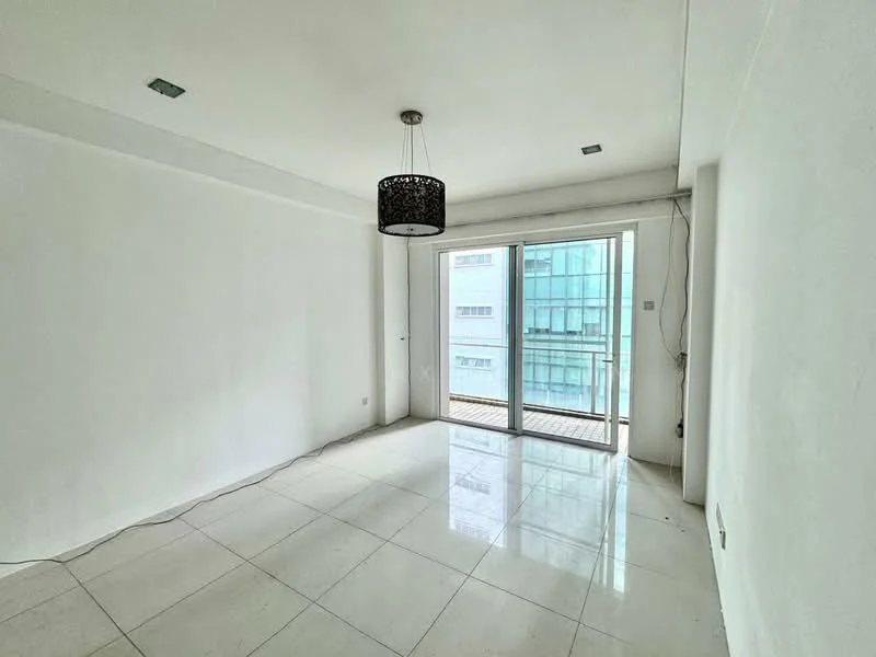 Living features: white painted walls, glossy white tile flooring, recessed downlights, black pendant light, floor-to-ceiling sliding glass door, balcony access, no visible furniture, neutral color scheme; style: modern; view: city.