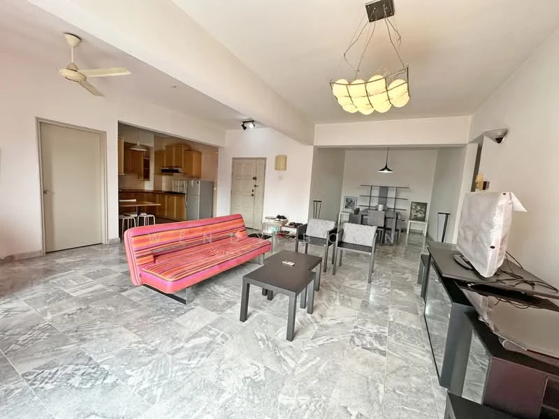 Living features: 3-seater fabric sofa in pink and red stripes, coffee table, TV console, wall-mounted TV, ceiling fan, pendant light, marble flooring, open layout to dining area, large windows, decorative wall art; style: modern. Dining features: 4-seater dining table, upholstered dining chairs, pendant light, open layout to living area, marble flooring; style: modern. Kitchen features: wood cabinetry, stainless-steel fridge, built-in oven, ceramic cooktop, countertop space, open layout to dining area; style: modern.