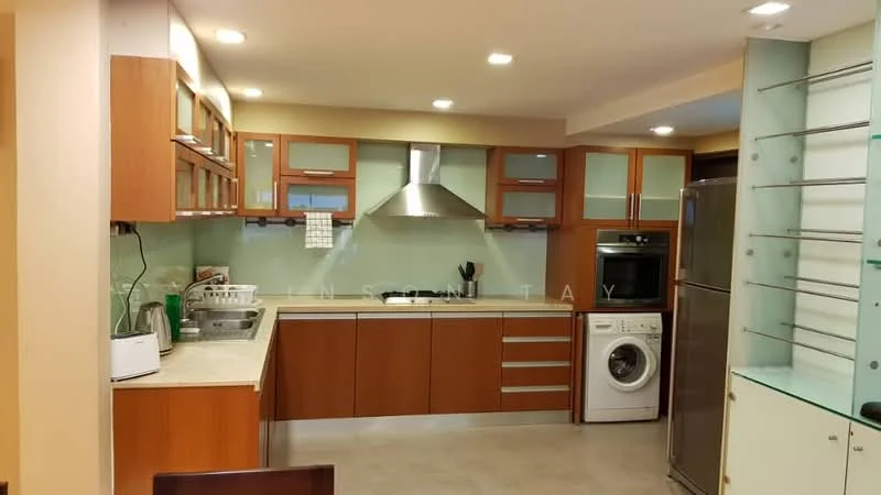 Kitchen features: brown wooden cabinetry, white countertop, stainless-steel sink, chrome pull-down faucet, built-in oven, freestanding range oven, stainless-steel refrigerator, front-load washing machine, glass backsplash, recessed downlights, open shelving, tile flooring, kitchen island, dishwasher; style: modern.