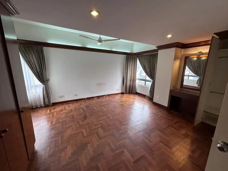Bedroom features: parquet wood flooring, white painted walls, tray ceiling with recessed lighting, floor-to-ceiling windows, curtains, ceiling fan, built-in wardrobe, dressing table with mirror; style: modern; view: city.