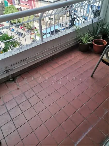 Room features: terracotta tile flooring, metal railing, potted plants, outdoor chair, city view, overhead awning; view: city.