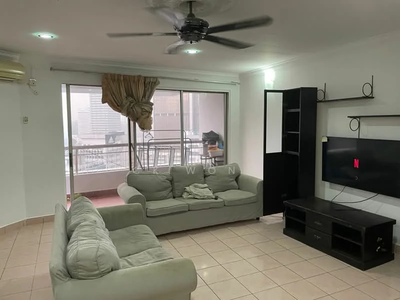 Living features: 2-seater fabric sofa in light grey, 3-seater fabric sofa in light grey, coffee table, TV console, wall-mounted TV, ceiling fan, floor-to-ceiling windows, sliding glass door, tile flooring, curtains, built-in shelving unit, air conditioning unit; style: modern; view: city.