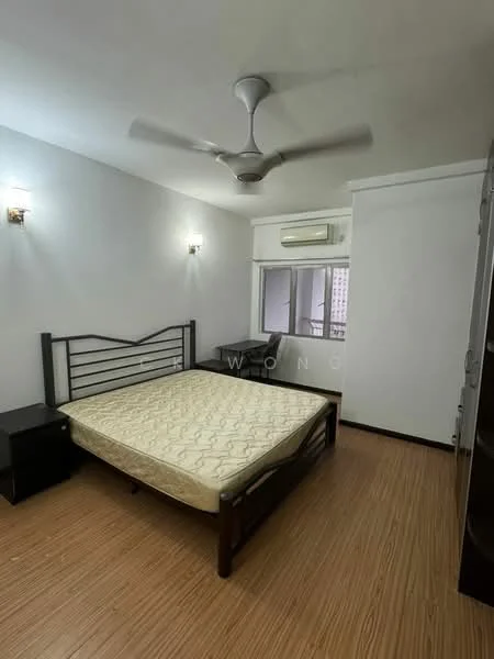 Bedroom features: queen-size bed frame without mattress, wooden flooring, white painted walls, 2 wall-mounted sconces, 1 ceiling fan, 1 wall-mounted split AC, sliding glass door, curtains, built-in wardrobe, small bedside table; style: modern; view: city.