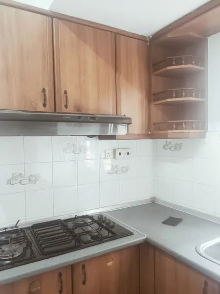 Kitchen features: wood cabinetry, grey countertop, white tiled backsplash, 4-burner gas hob, stainless-steel range hood, single-bowl stainless-steel sink, open shelving, wall-mounted electrical outlets.