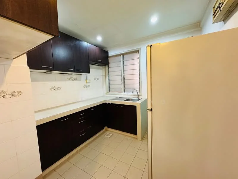 Kitchen features: dark wood cabinetry, white tiled backsplash, white countertop, single-bowl stainless-steel sink, chrome pull-down faucet, freestanding fridge, built-in oven, ceramic tile flooring, recessed LED downlights, window with horizontal slats, kitchen exhaust hood; style: modern.
