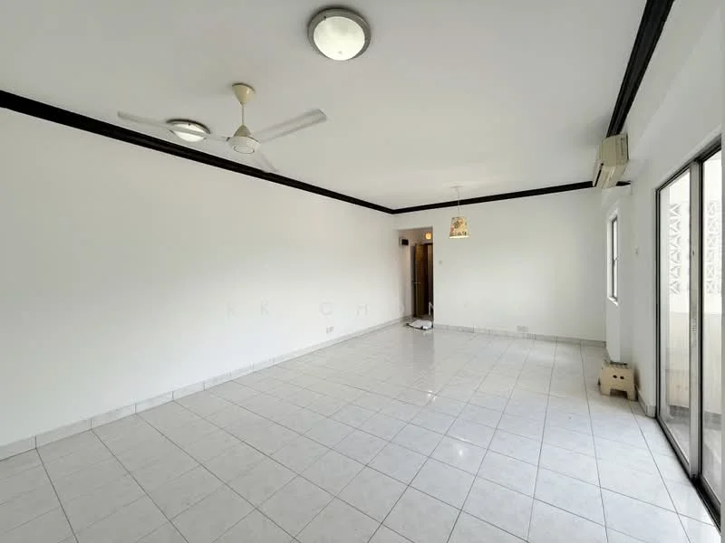 Living features: white painted walls, ceramic tile flooring, tray ceiling, 2-blade ceiling fan, recessed downlights, sliding glass door, floor-to-ceiling windows, air conditioning unit, hanging pendant light; style: modern.