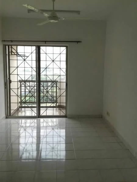 Room features: white painted walls, glossy tile flooring, sliding glass door, ceiling fan, grille window, balcony view.