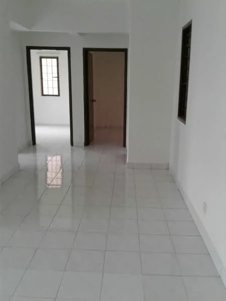 Room features: white painted walls, glossy white floor tiles, two doorways leading to other rooms, two windows with grid pattern, neutral color scheme, open layout, no visible furniture, bright natural light; style: modern.