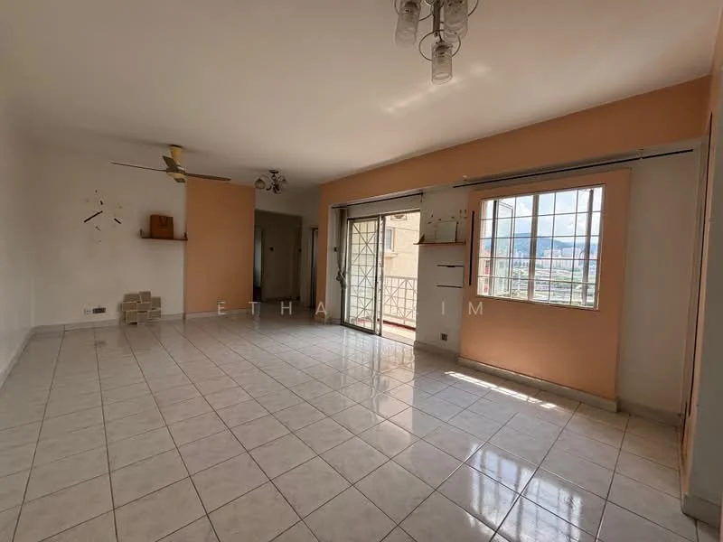 Living features: white painted walls, cream accent wall, ceramic tile flooring, 5-blade ceiling fan, sliding glass door, floor-to-ceiling windows, natural light from windows, open layout, built-in shelving, window treatments, light fixtures; style: modern; view: city.