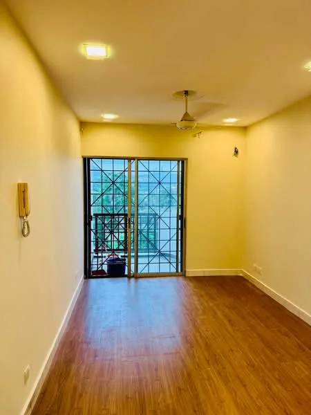 Living features: light wood laminate flooring, white painted walls, recessed ceiling lights, ceiling fan, sliding glass door, black metal grille door, window with view of balcony, telephone wall mount; style: modern; view: garden.
