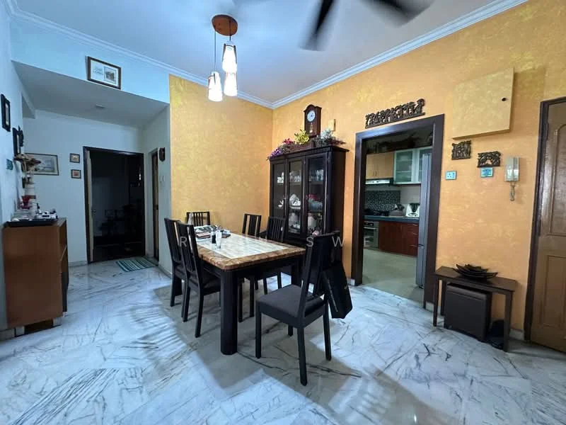 Dining features: marble flooring, orange painted walls, wooden dining table, 8 black dining chairs, wall-mounted clock, decorative wall shelves, framed artwork, ceiling light fixture, 5-blade ceiling fan, doorway leading to hallway, built-in cabinet, wall sconce; style: traditional. Room features: white painted walls, doorway leading to kitchen, doorway leading to hallway.