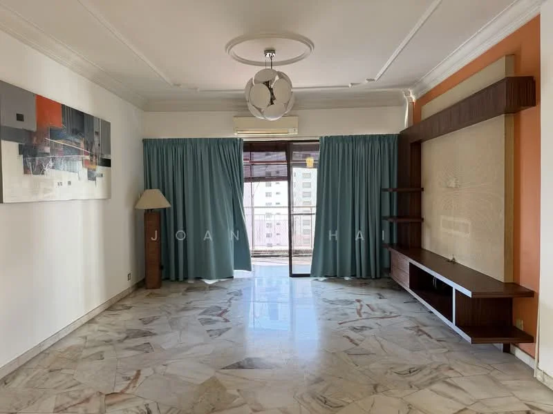 Living features: marble flooring, white painted walls, orange accent wall, floor-to-ceiling windows, sheer curtains, wooden console unit, modern pendant light, lampshade lamp, decorative wall panel; style: modern; view: city.