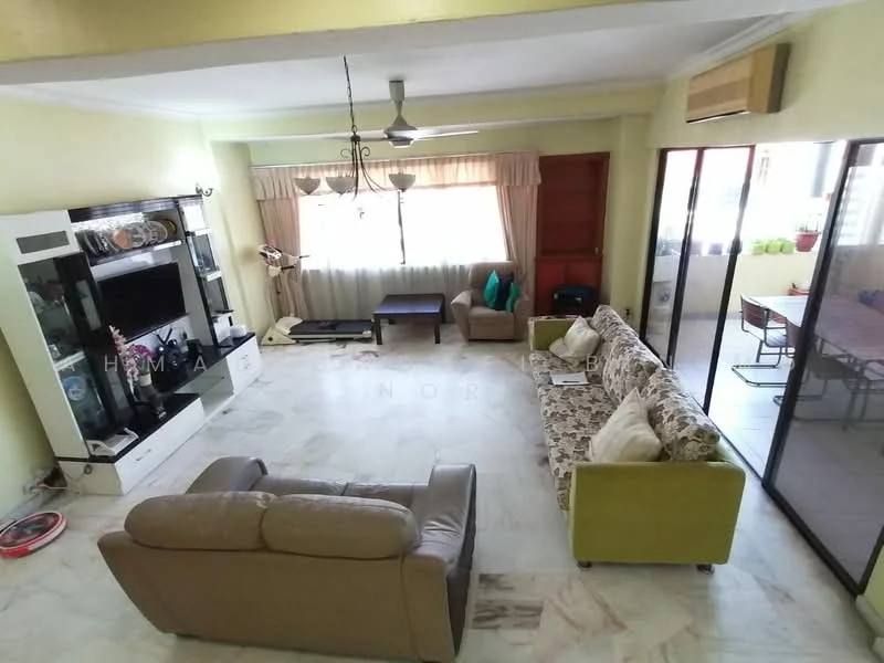 Living features: 3-seater fabric sofa in beige, 2-seater leather sofa in light brown, coffee table, TV console with built-in shelves, wall-mounted TV, ceiling fan, recessed downlights, marble flooring, large window with sheer curtains, decorative wall with shelving, area rug with geometric pattern, green armchair, sliding glass door leading to balcony; style: contemporary; view: garden.