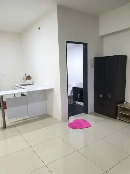 Kitchen features: white cabinetry, white countertop, stainless-steel sink, chrome faucet, open shelving, tile flooring, neutral wall color, kitchen island with seating; style: modern. Room features: dark wood cabinet, tile flooring, neutral wall color, doorway leading to bathroom.