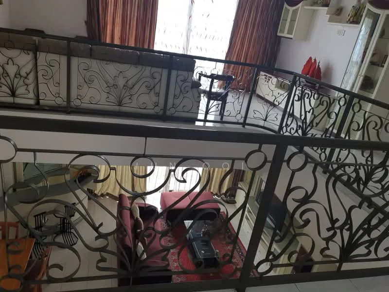 Living features: red fabric sofa, coffee table, area rug with geometric pattern, TV console, wall-mounted TV, curtains in beige, decorative wall shelves, dining table with chairs; style: modern. Room features: metal railing with decorative pattern, white walls, tile flooring, large windows with natural light.
