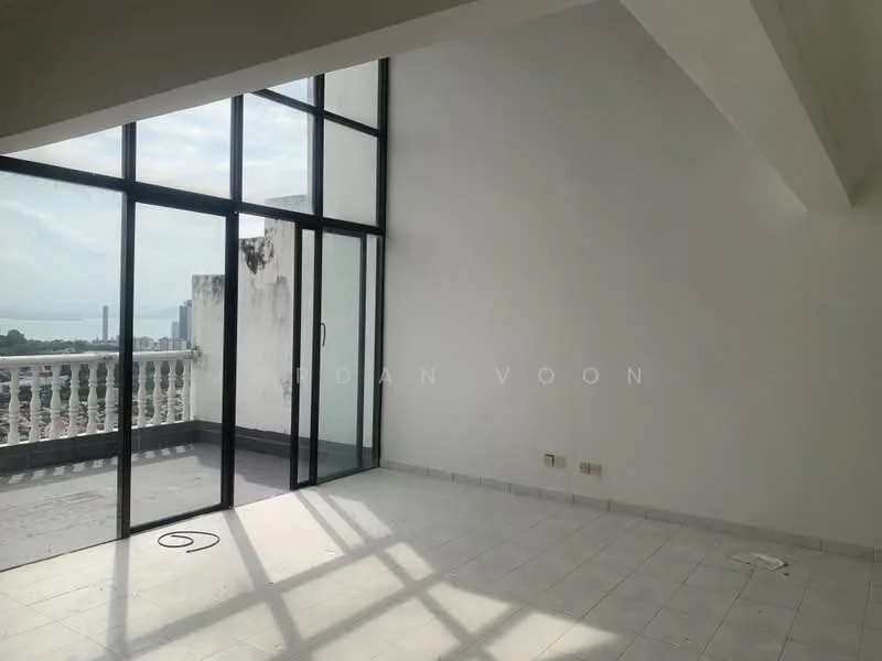 Room features: floor-to-ceiling windows, white painted walls, sliding glass door, tile flooring, high ceiling, natural light, view of the sea, open space; style: modern; view: sea.
