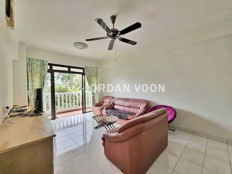 Living features: 3-seater leather sofa in maroon, 2-seater leather sofa in maroon, ceiling fan, wall-mounted TV, coffee table, floor-to-ceiling windows, curtains with floral pattern, white painted walls, tile flooring, balcony view; style: contemporary; view: garden.