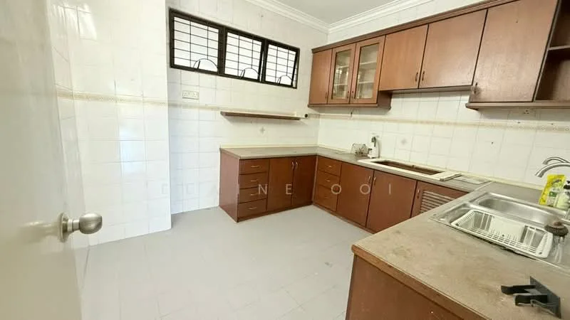 Kitchen features: brown wooden cabinetry, white tiled walls, grey tiled flooring, double-bowl stainless-steel sink, chrome pull-down faucet, countertop with beige surface, built-in stove, window with metal grille, shelf above countertop.