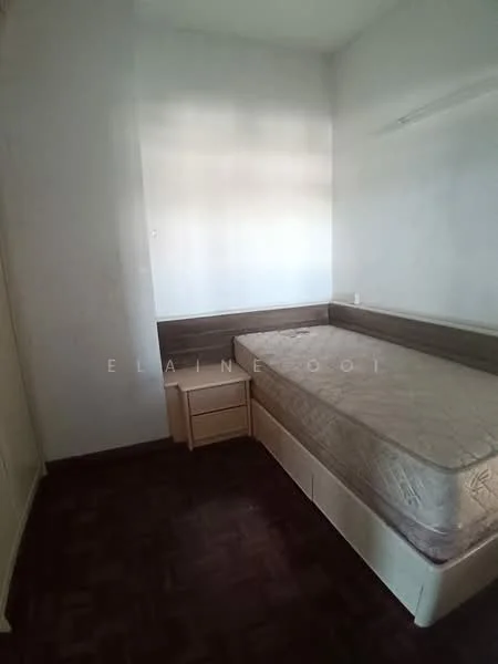 Bedroom features: single bed with mattress, wooden bedside table, light-colored walls, wooden flooring, built-in headboard, window with natural light, shelf above bed, minimal decor; style: minimalist.