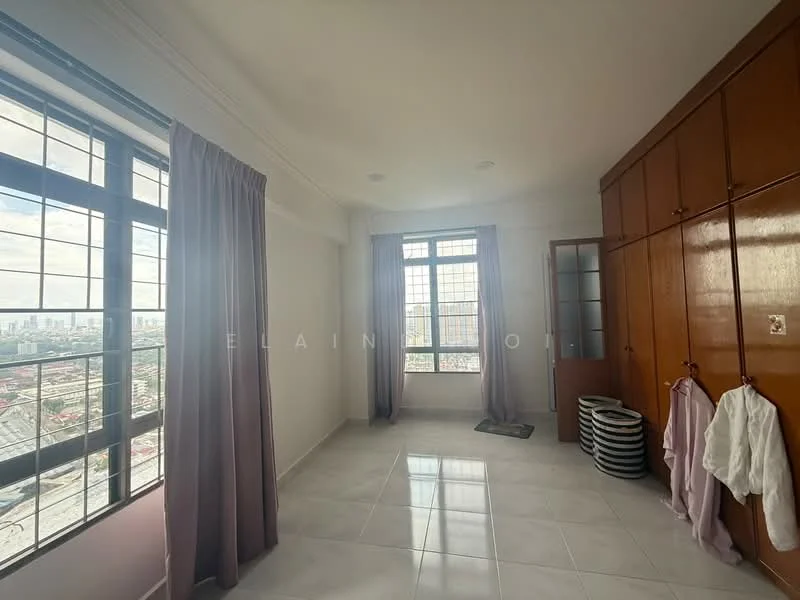 Room features: large windows with grid pattern, white walls, light-colored tiled flooring, built-in wooden wardrobe with multiple doors, curtains in light purple, ceiling lights, city view from windows, corner of the room with a mat; style: modern; view: city.