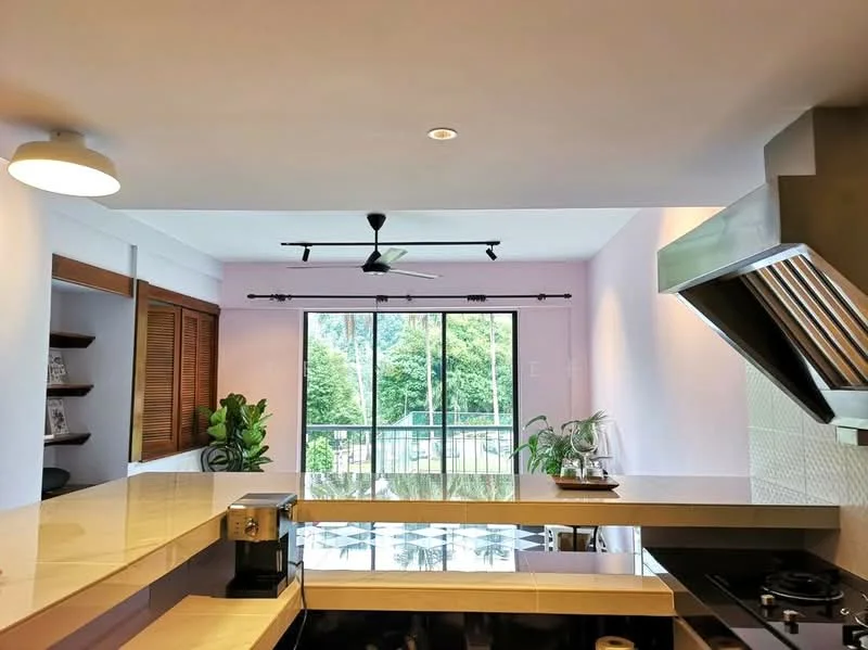 Kitchen features: L-shaped countertop, stainless-steel range hood, built-in stove, pendant light, 5-blade ceiling fan, sliding glass door, wooden cabinetry, open shelving, greenery view from window, light-colored walls, tile backsplash; style: modern; view: garden.