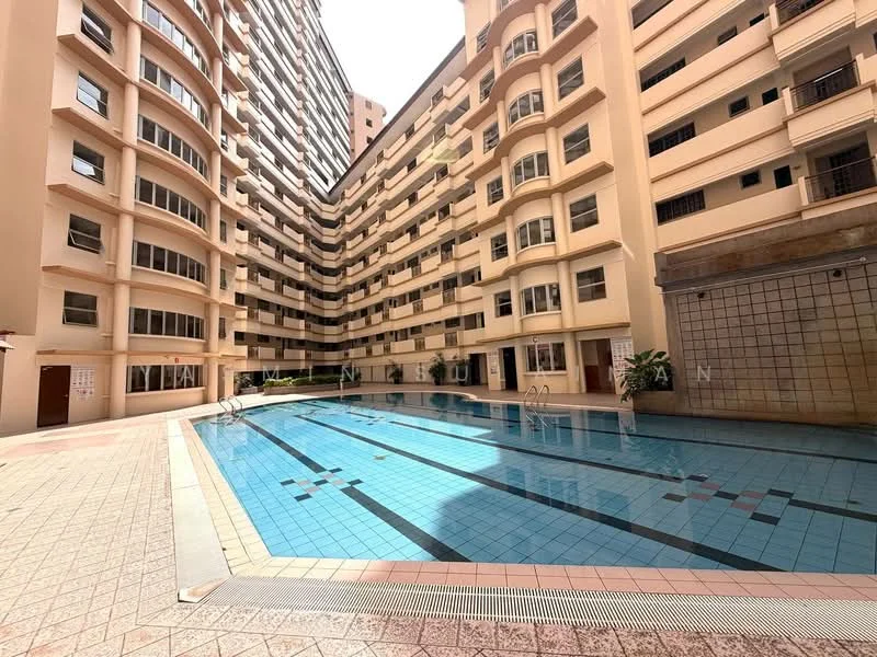 Exterior type: mid-rise condominium; features: swimming pool, pool deck with loungers, surrounding balconies, glass windows, cream painted facade, exposed concrete wall, landscaped area, tiled pool area, multiple storeys, access stairs, urban setting; style: modern.
