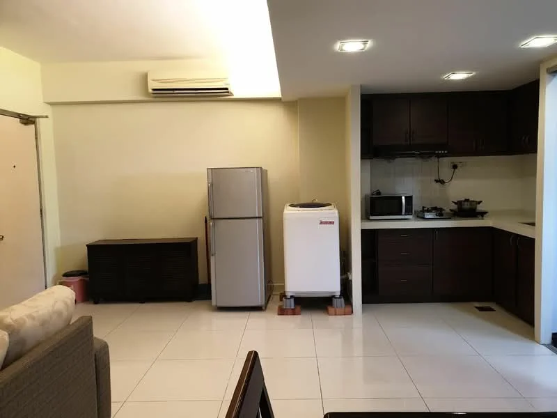 Living features: white painted walls, tile flooring, sofa, dining table, stainless-steel fridge, top-load washing machine, built-in kitchen cabinets, microwave, stainless-steel range hood, 4-burner gas hob, kitchen countertop, recessed downlights, wall-mounted split AC; style: modern.