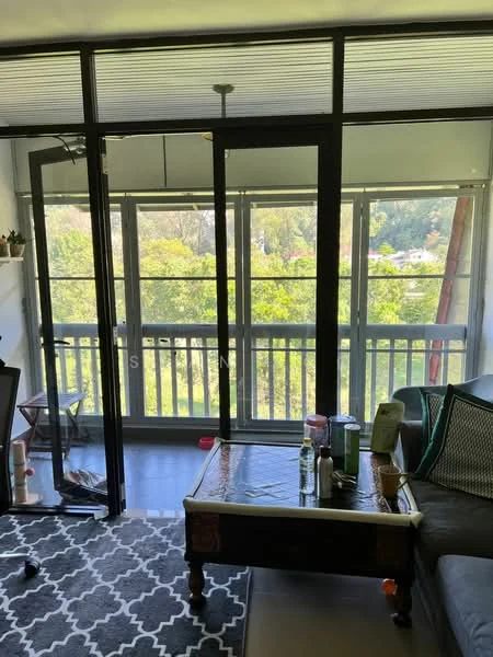 Living features: floor-to-ceiling windows, sliding glass door, grey area rug with geometric pattern, coffee table, sofa, ceiling fan, decorative cushions, plant on shelf, view of greenery outside; style: modern; view: garden.