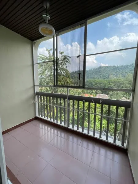 Room features: glass sliding door, screened windows, wooden ceiling, tiled flooring in light beige, balcony railing, view of greenery, mountain view, outdoor space; style: modern; view: mountain.