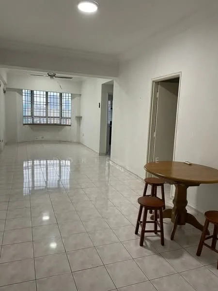 Living features: white painted walls, glossy ceramic tile flooring, ceiling fan, large windows with grid pattern, natural light, round wooden dining table, two wooden stools, neutral color scheme, open layout, no visible decor; style: minimalist.