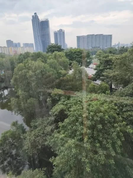 Exterior type: high-rise condominium; features: city skyline view, surrounded by greenery, water body visible, urban landscape, multiple high-rise buildings, trees in foreground; style: modern.