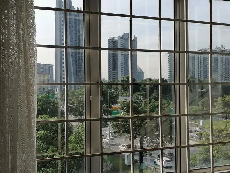 Room features: floor-to-ceiling windows, curtains, city skyline view, greenery outside, urban landscape, multiple high-rise buildings, traffic visible, natural light; view: city.