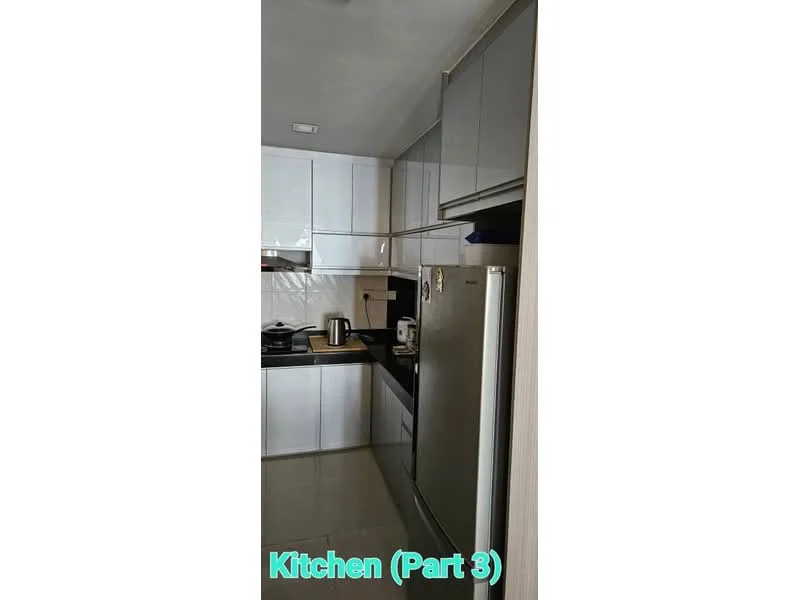 Kitchen features: grey upper cabinets, white lower cabinets, black countertop, stainless-steel fridge, built-in oven, 4-burner gas hob, kettle, sink, tile backsplash, ceramic tile flooring, recessed lighting; style: modern.