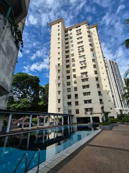 Exterior type: high-rise condominium; features: swimming pool, pool deck, landscaped garden, tall residential building, glass railing, surrounding greenery, multiple storeys, concrete facade, balconies on upper floors; style: modern.