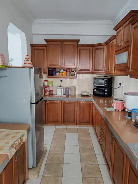 Kitchen features: brown wooden cabinetry, stainless-steel fridge, built-in microwave, freestanding oven, ceramic tile flooring, laminate countertop, double-basin sink, wall-mounted shelves, window above sink, kitchen utensils on countertop, decorative items on shelves; style: modern.