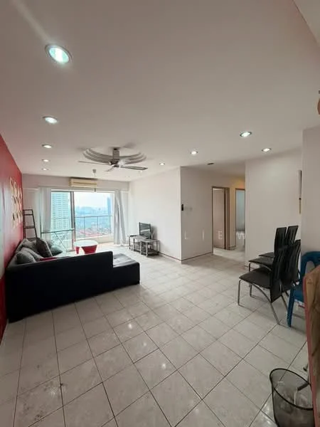 Living features: grey fabric sofa, 3-seater sofa, ceiling fan with light, recessed downlights, white painted walls, red accent wall, large windows with sheer curtains, tile flooring, TV console, wall-mounted TV, coffee table, area rug, decorative wall art; style: modern; view: city.