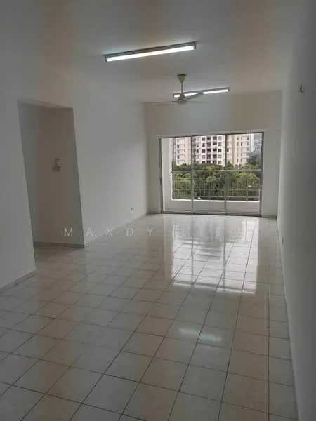 Living features: white painted walls, glossy tile flooring, 5-blade ceiling fan with light, floor-to-ceiling windows, sliding glass door, natural light from windows, view of greenery, recessed lighting; style: modern; view: garden.
