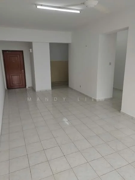 Room features: white painted walls, tile flooring, ceiling fan, wooden door, light fixtures, neutral color scheme, open layout, no visible furniture; style: minimalist.