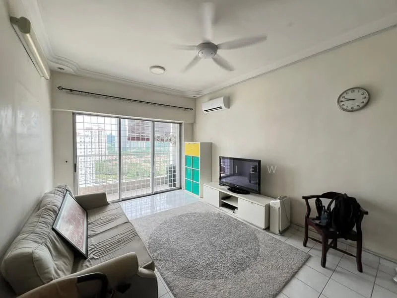 Living features: 3-seater fabric sofa in beige, coffee table, wall-mounted TV, TV console, area rug with geometric pattern, ceiling fan, floor-to-ceiling windows, sliding glass door, white painted walls, tile flooring, decorative wall clock; style: modern; view: garden.